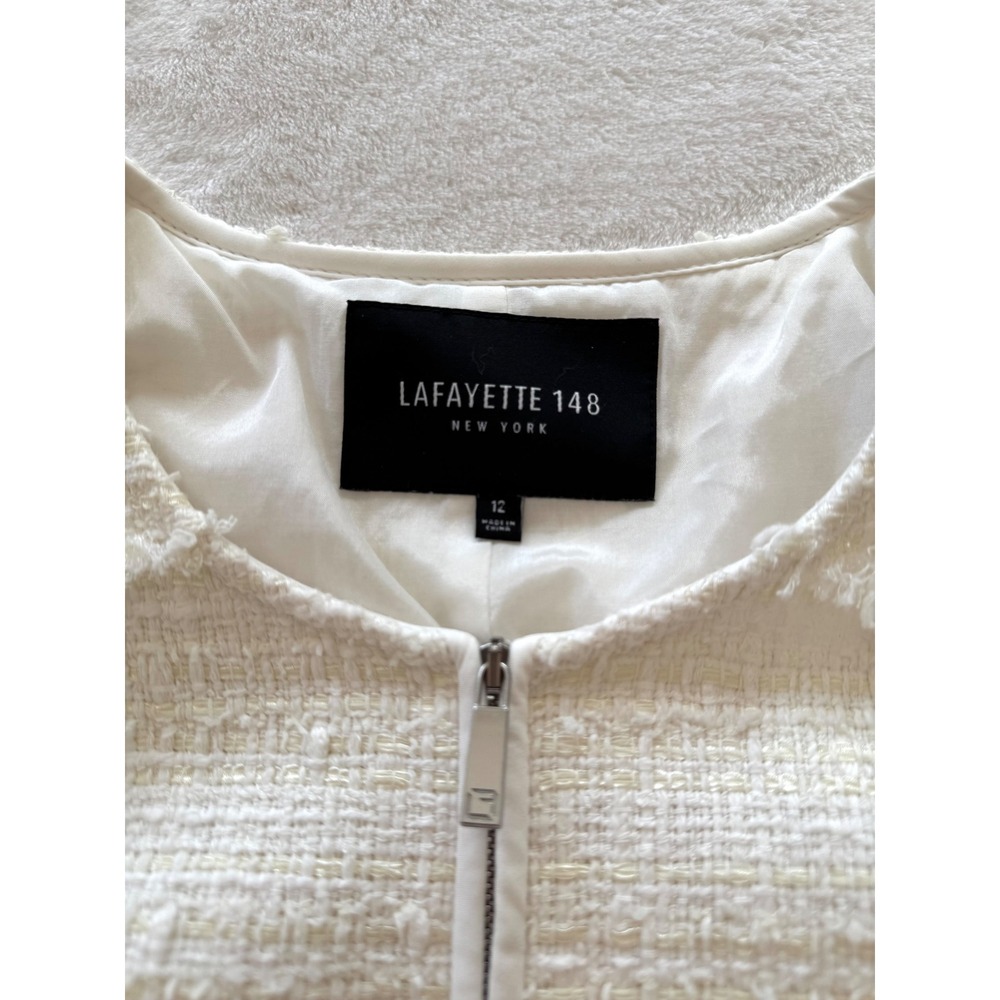 Lafayette 148 New York Harlow Tweed Jacket White Fringe Zip Size 12 - Picture 8 of 12